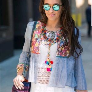 Zara Striped Boho Embroidered Embellished Pom Pom Tassel Cardigan Jacket…